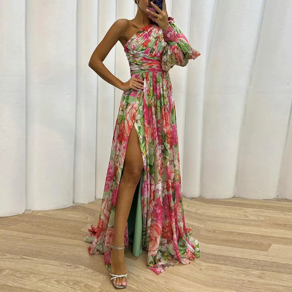 Floral Print One Sleeve Asymmetrical High Slit Formal Maxi Dress