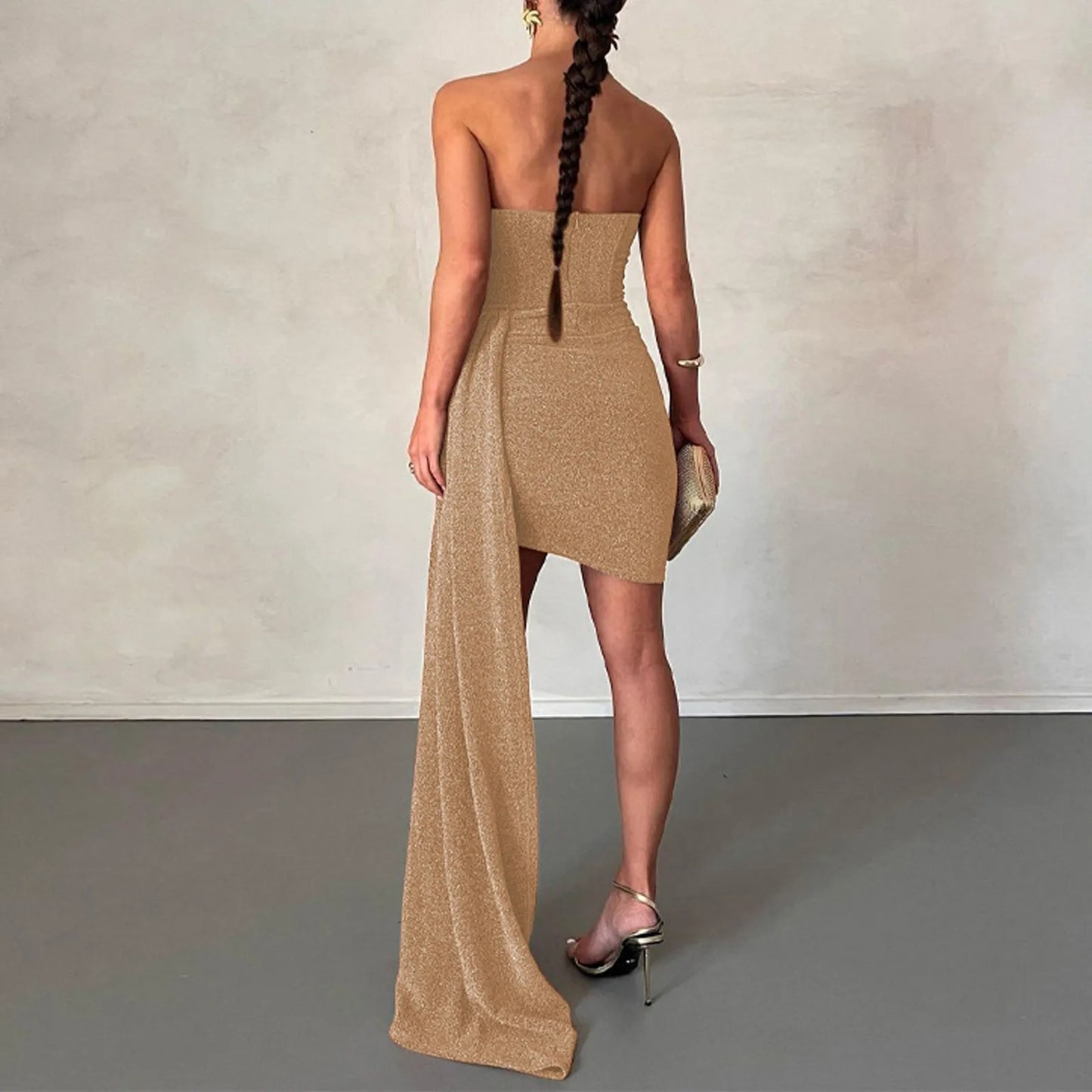 Sparkling Glitter Sleeveless Backless Tube Top Corset Design Ruched Bodycon Mini Party/Prom Formal Dress w/ Sweep Train