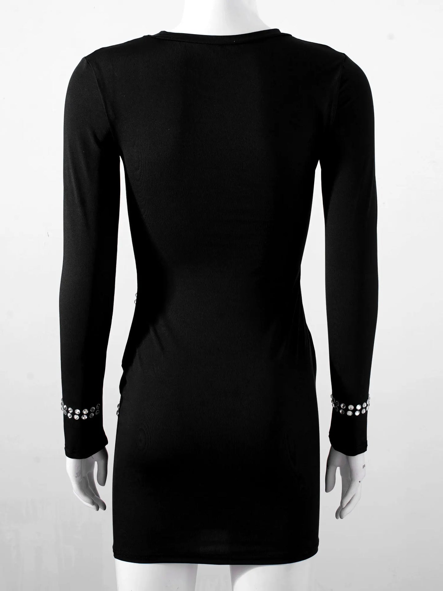 Sparkling Rhinestone Skinny Ladies Solid Round Neck Long Sleeve Bodycon Dress