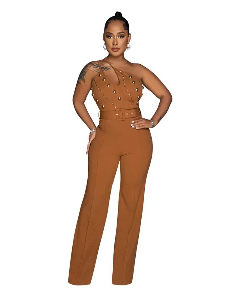 Stud Hollow-Out Design Sleeveless Asymmetrical One Shoulder Women's Backless Party Jumpsuit