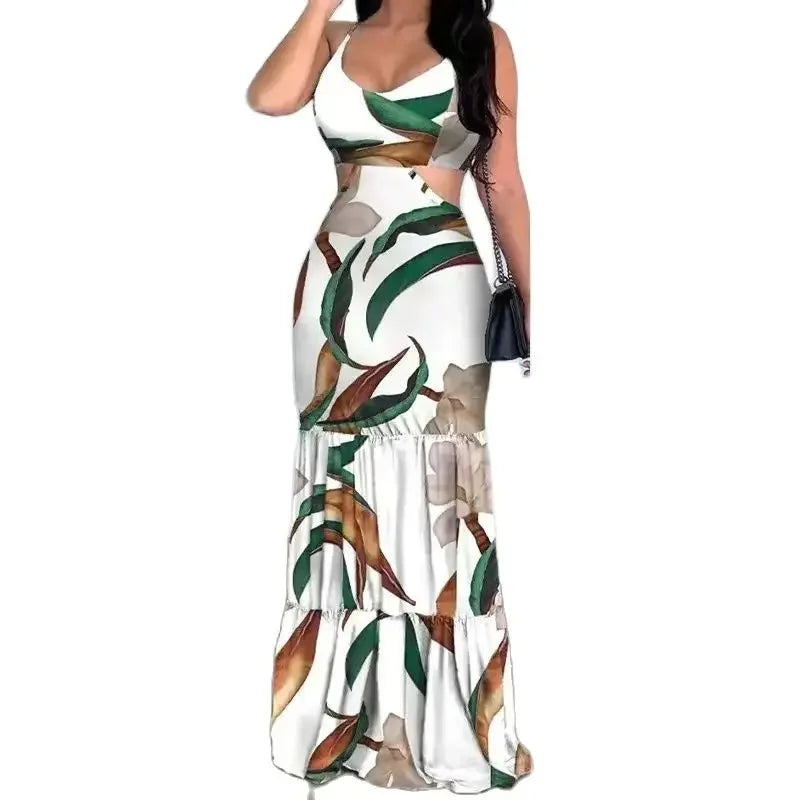 Hawaiian Hollow-Out Floral Backless Bohemian Ruffle Hem Sleeveless Maxi Dress