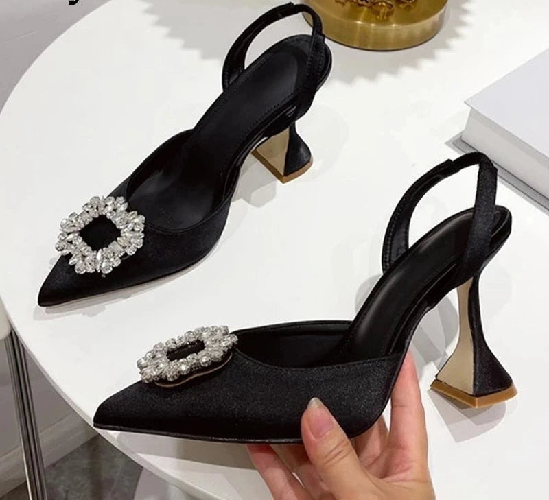 Silk Crystal Pendant Design Low Heel Slingback Mule Pumps