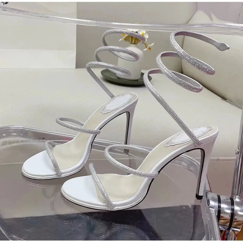 Spiral Snake Twine Band Crystal Rhinestone Thin Stiletto Heel Gladiator Sandal Pumps