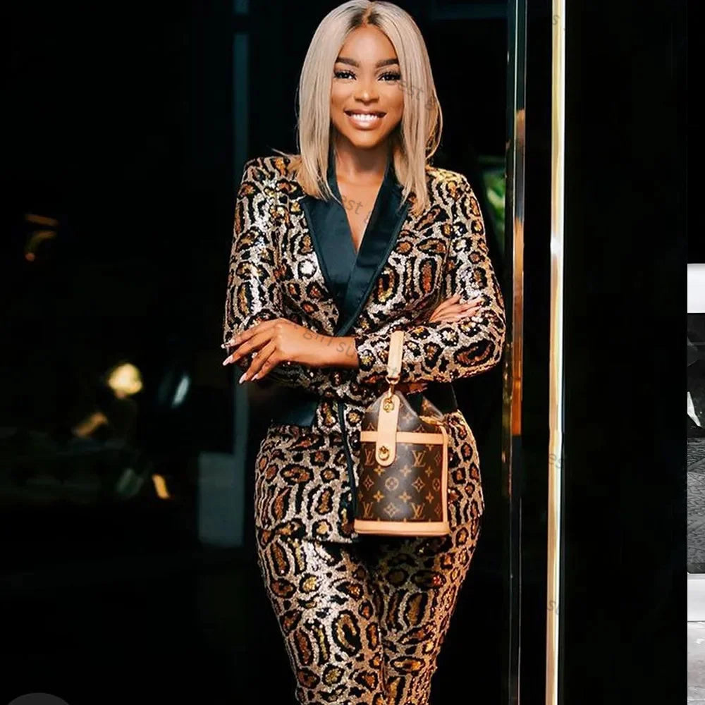 Sequin Leopard Print Women's Blazer Jacket + Pants Tailored Formal Suit