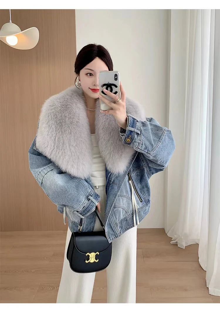 Denim Oversized 100% Real Fox Fur Collar Short Women's Goose Down Puffer Jean Jacket