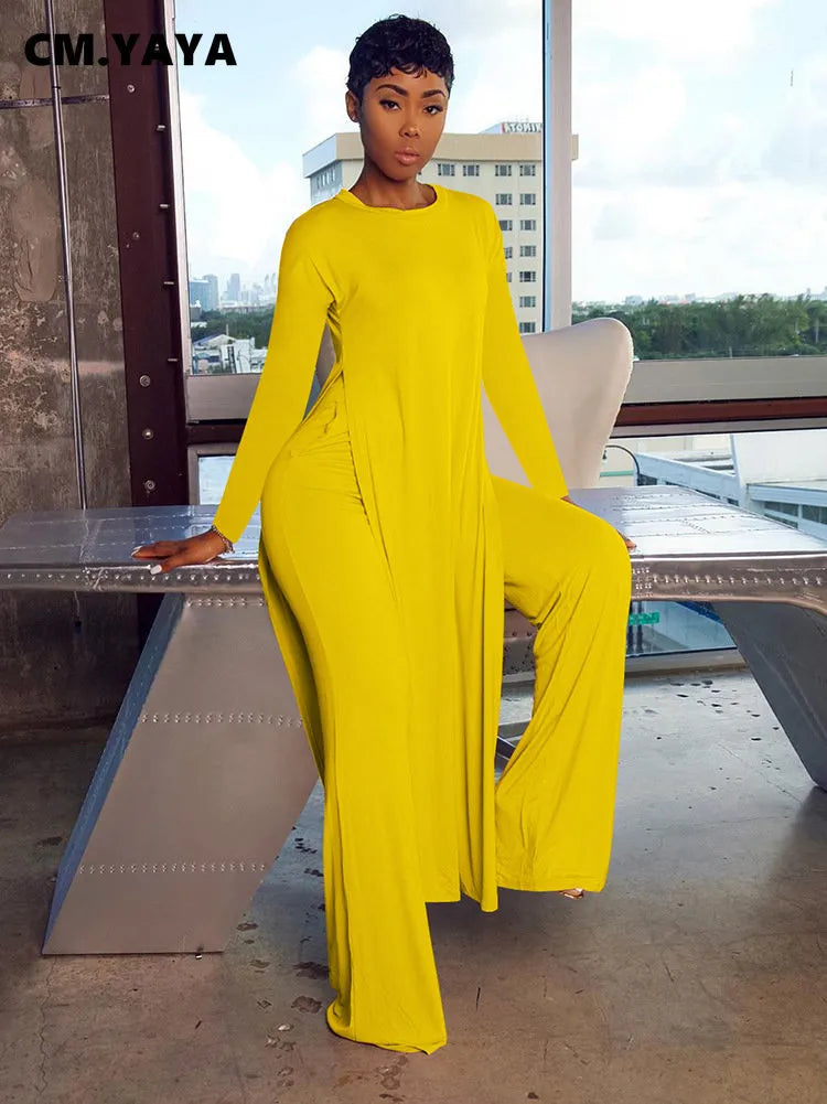 Draped Women's Long Sleeve High Slit Maxi Top + Matching Elastic Waist Pants 2-Piece Set