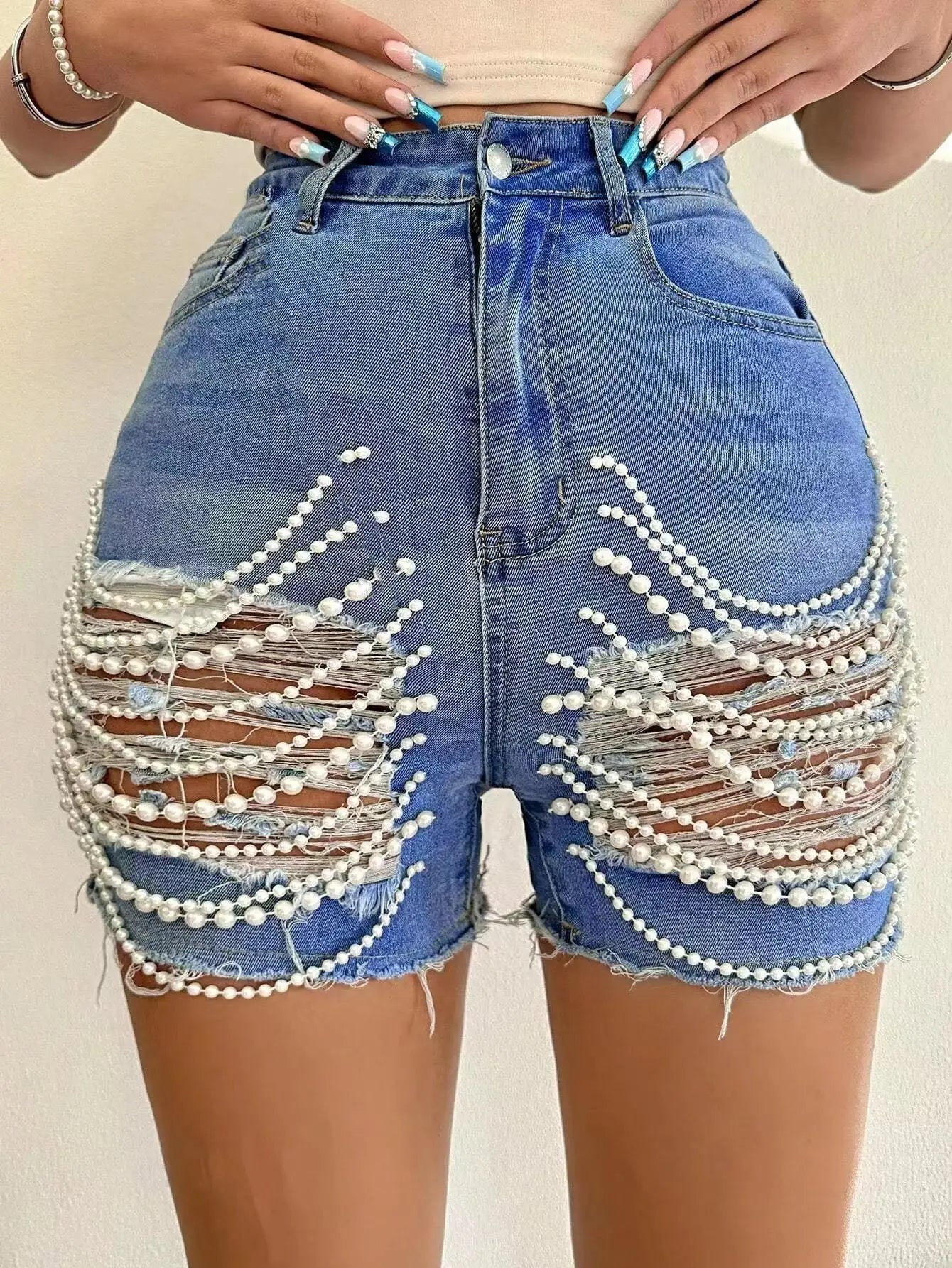 Handmade Tassel Fringe Pearl Chain Decor Denim Dark Blue/Light Blue Women's Jean Shorts
