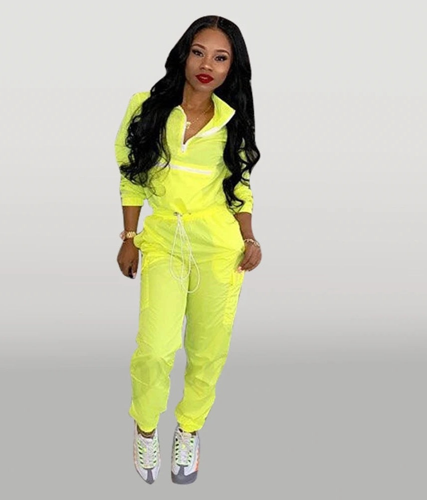 Neon Turn Down Collar Women's Long Sleeve Zipper Jacket + Drawstring Sweatpants 2-Piece Set Tracksuit