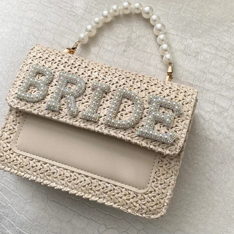 Pearl Women Bridal Shower Country Rustic Bohemian Straw Purse