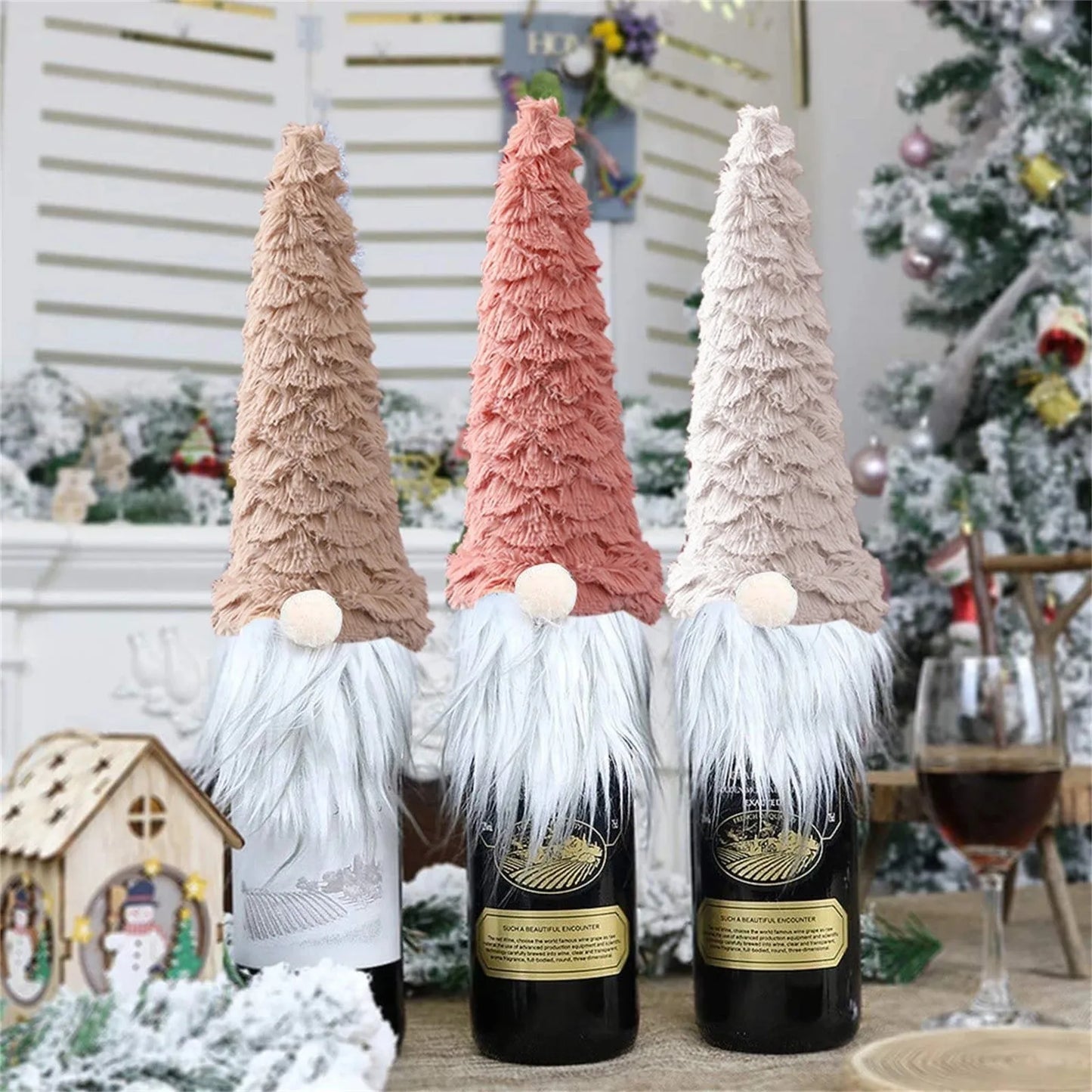 Christmas Wine Bottle Faceless Santa w/ White Beard Gnome