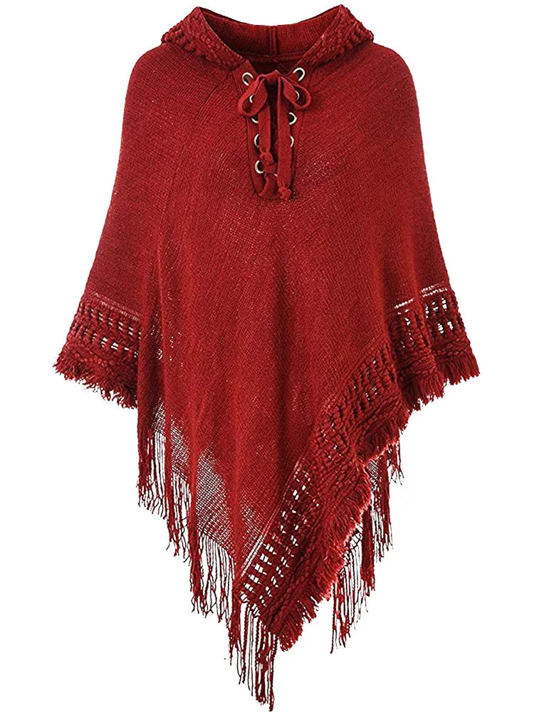 Fringe Tassel Women's Knitted Hooded Crochet Shawl Wrap Sweater