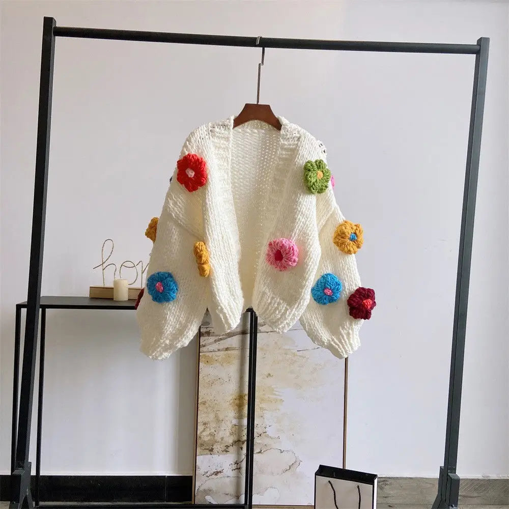 White Wool Crochet Big Flower Embroidered Design Women's Cardigan Sweater