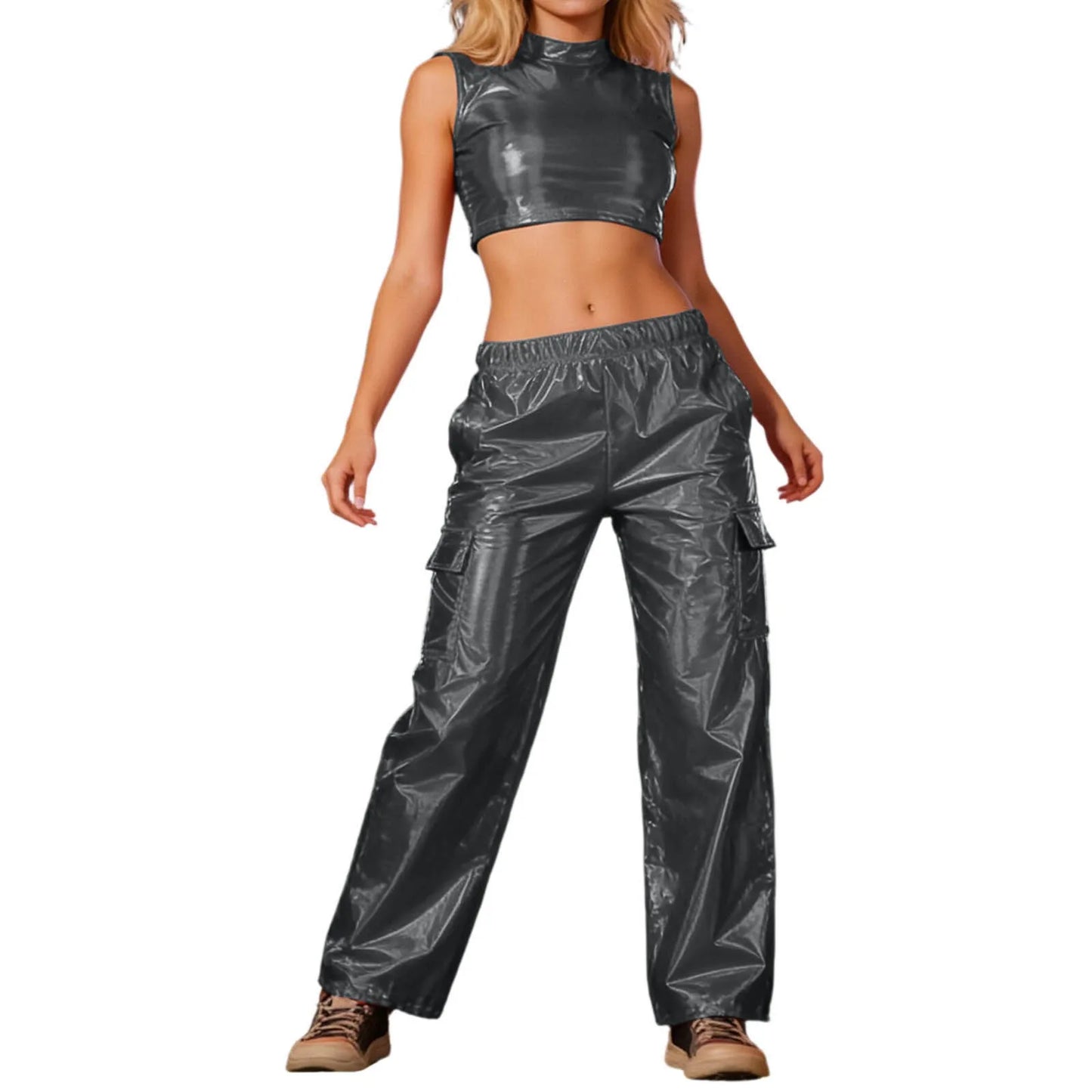 Faux Leather Metallic Solid Color Holographic Crop Vest Top + Elastic Waist Cargo Pants Women's 2-Piece Set