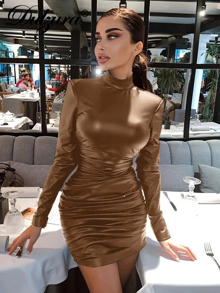 Ruched PU Leather Turtleneck Long Sleeve Bodycon Bandage Mini Dress