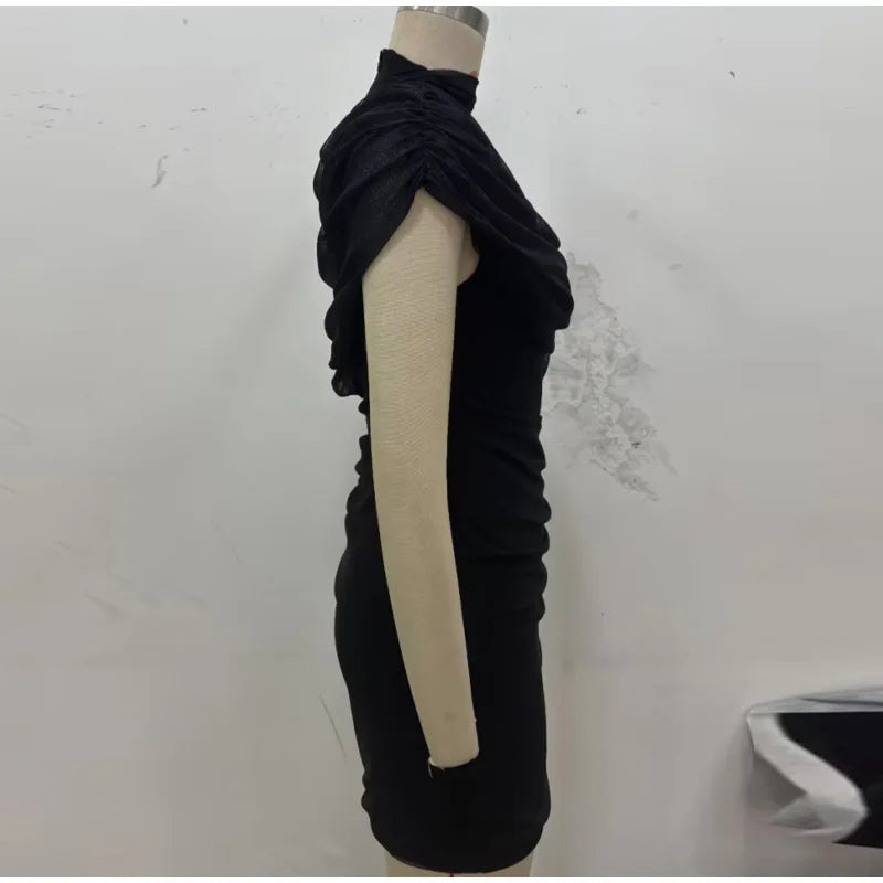 Layered Patchwork Cinched Waist Solid Color Short Sleeve Bodycon Formal Party Dress