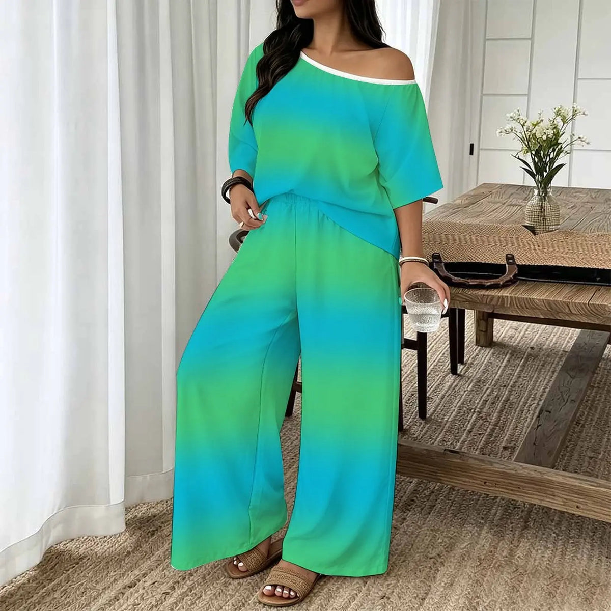 Printed Round Neck Short Sleeve Womens Top + Wide Leg Pants 2-Piece Set to 8X Plus Size
