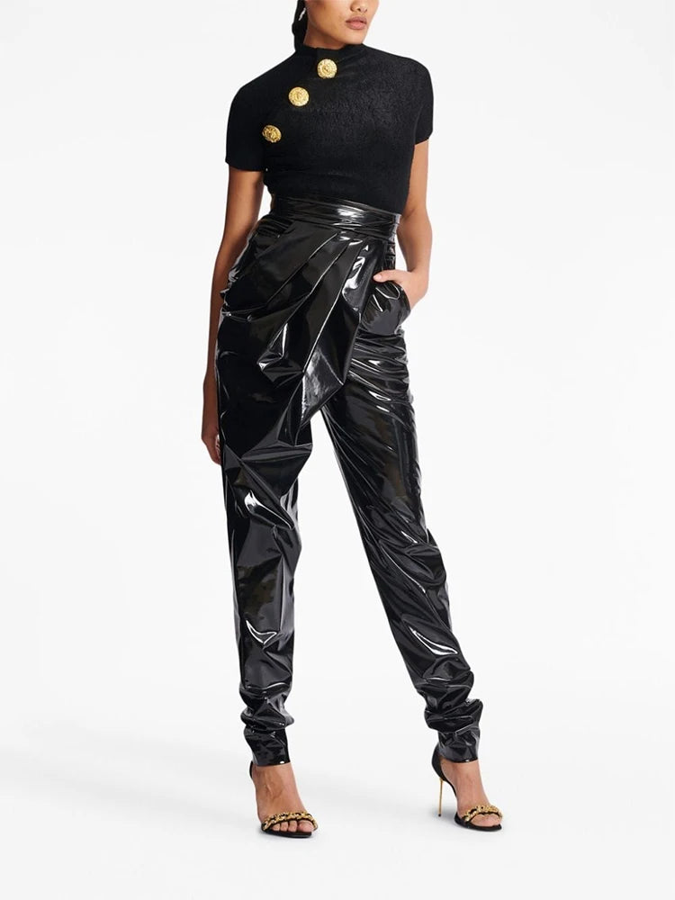 Shiny Patent Leather Wrapped Women's High Waist Faux Latex Harem Pants