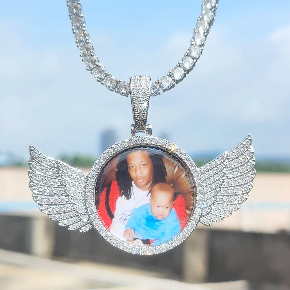 Customized Angel Wing Round Memory  Personalized Picture Pendant Tennis Chain Necklace