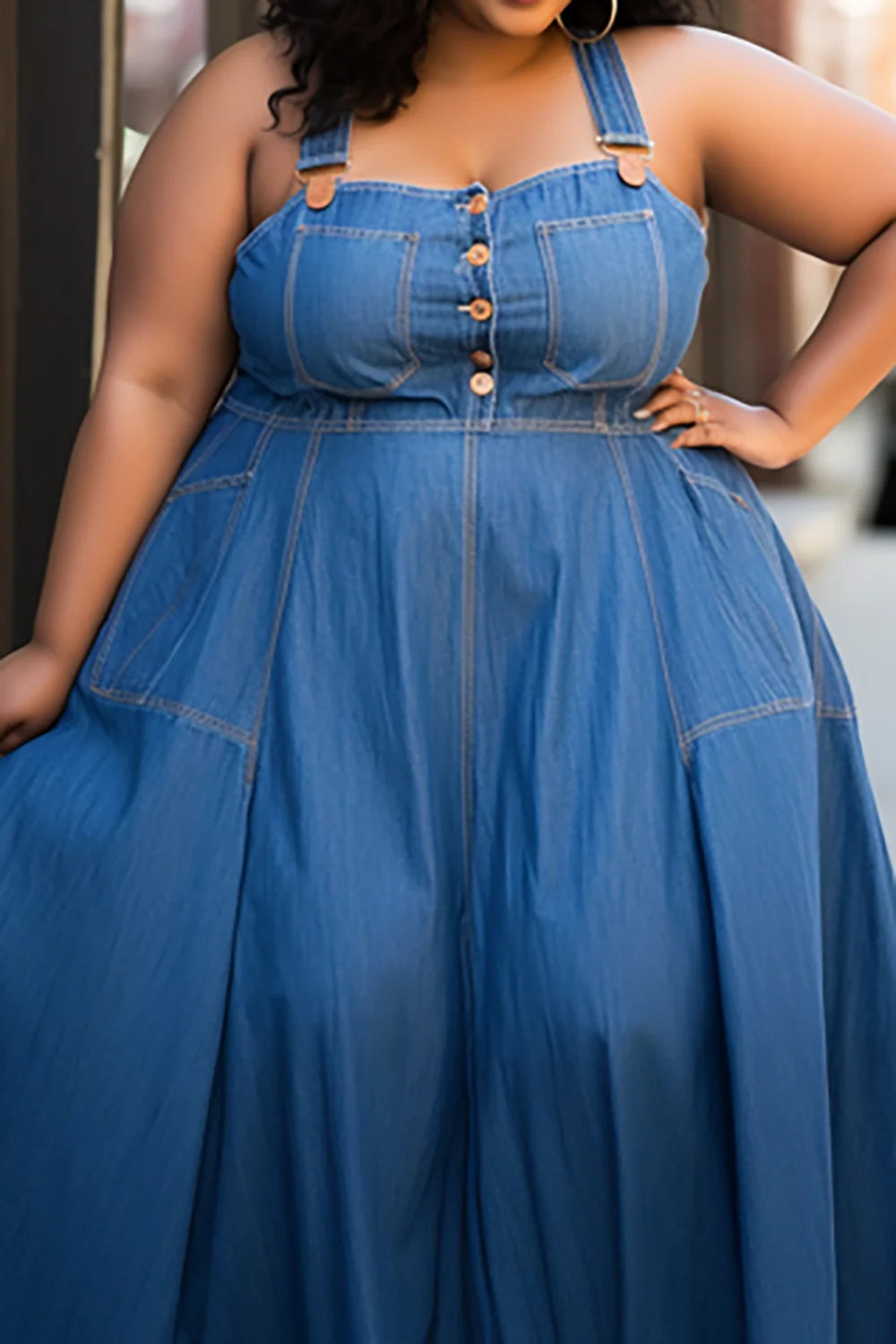 Blue Denim Button-Up Overall Suspender Strap Jean Maxi Dress