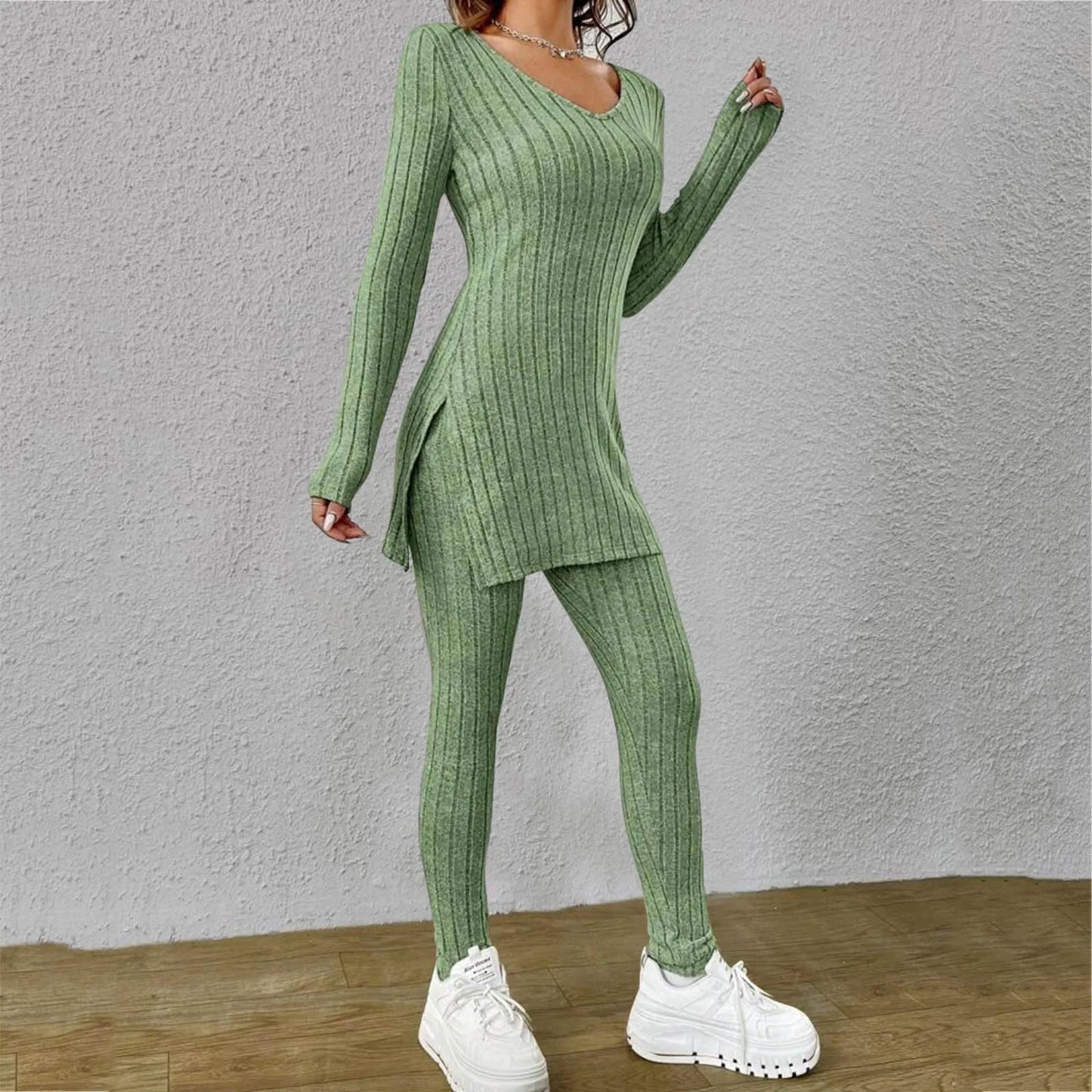 Ribbed Knitted Long Sleeve Women's Tunic Shirt + Leggings 2-Piece Set