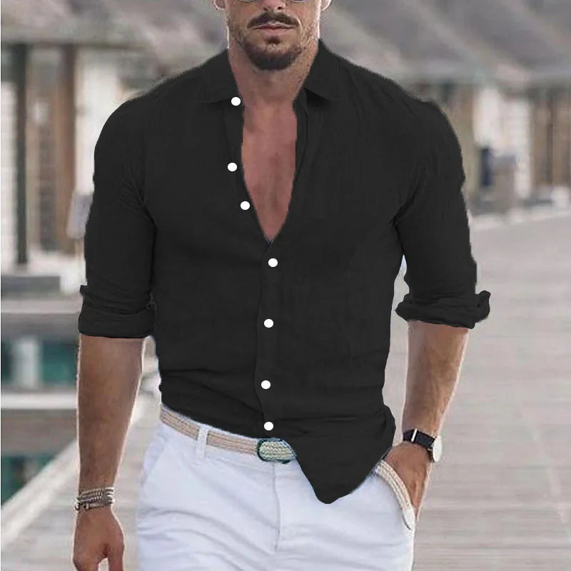 Men's Solid Color Single Breasted Button-Up Long Sleeve Turn-Down Collar Beach Shirt