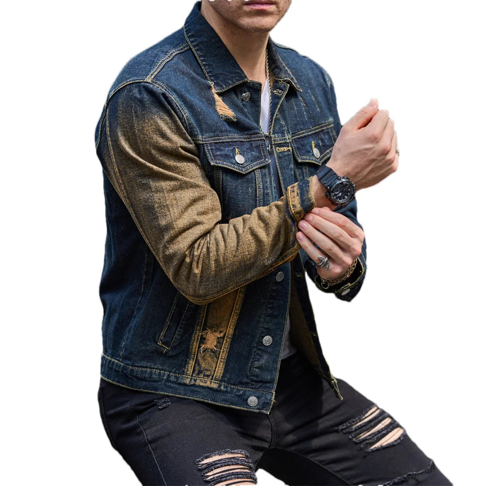 Men's Denim Irregular Colorblock Print Streetwear Ripped Hole Design Distressed Skinny Jean Jacket