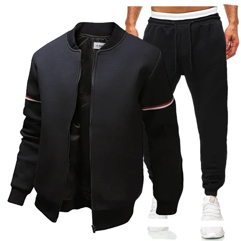 Men's Solid Color Side Striped Mandarin Collar Bomber Jacket + Sweatpants Tracksuit