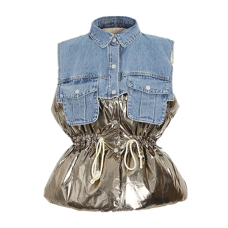 Denim Faux Leather Patchwork Turn-Down Collar Drawstring Women's Button-Up Sleeveless Spliced Denim Vest