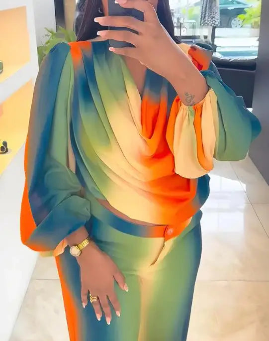 Striped Colorblock Tie-Dye Print Cowl Neck Puff Sleeve Top & Wide Leg Pants Women's 2-Piece Set