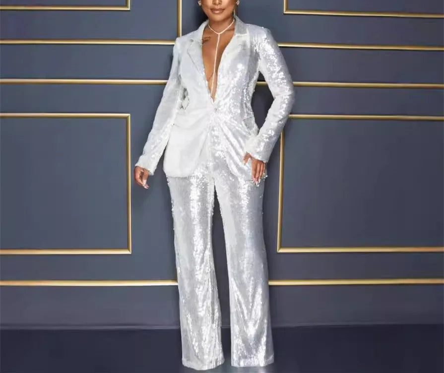 Sequined Sparkling Long Sleeve Blazer + High Waist Wide Leg Pants Women's Formal Party Suit