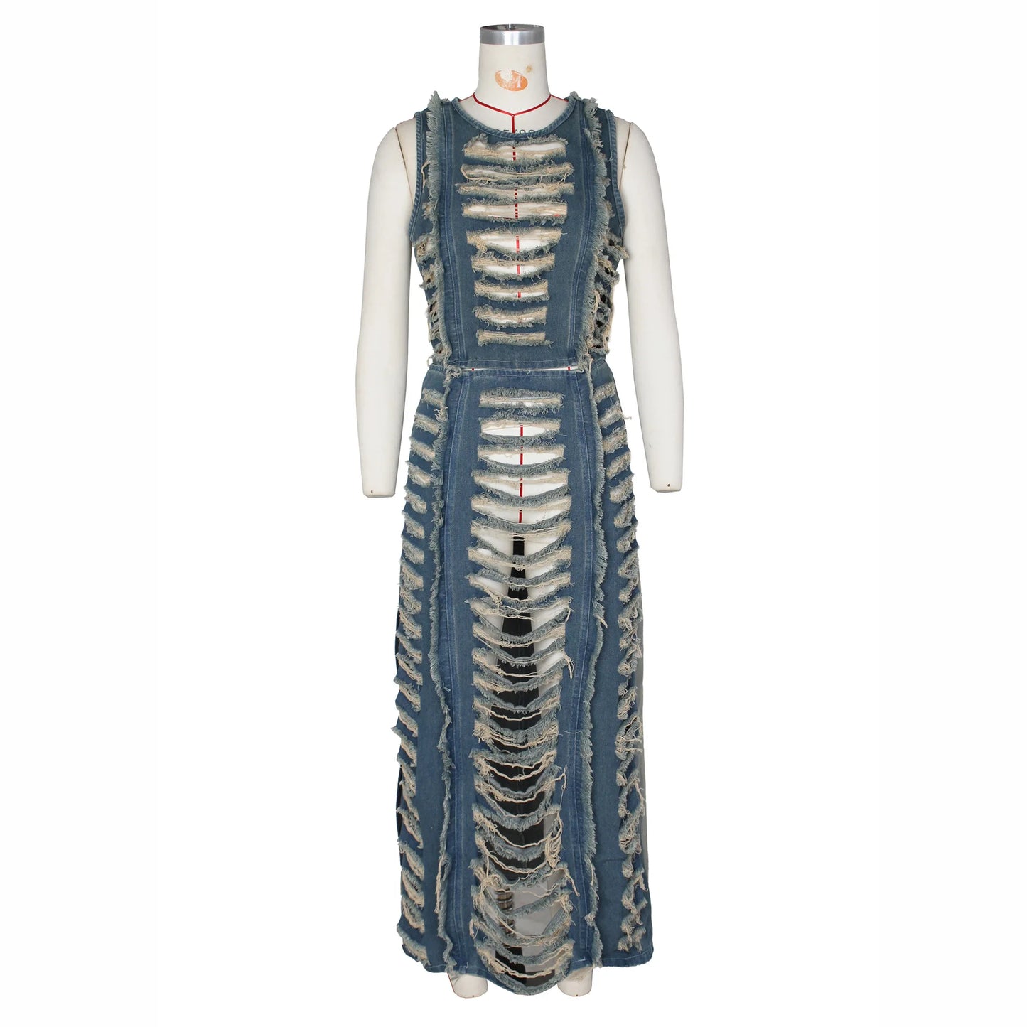 Denim Tassel Hollow-Out Fringe Design Women's Sleeveless Crop Top + High Slit Maxi Jean Skirt 2-Piece Set