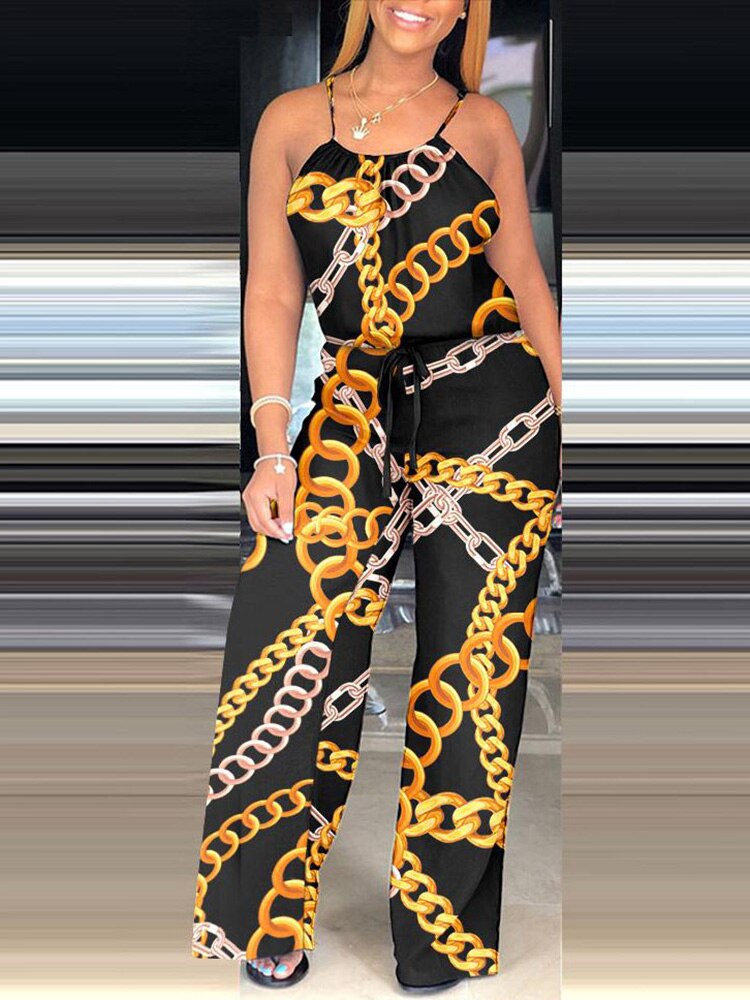 Thin Shoulder Strap Patchwork Print Jumpsuit