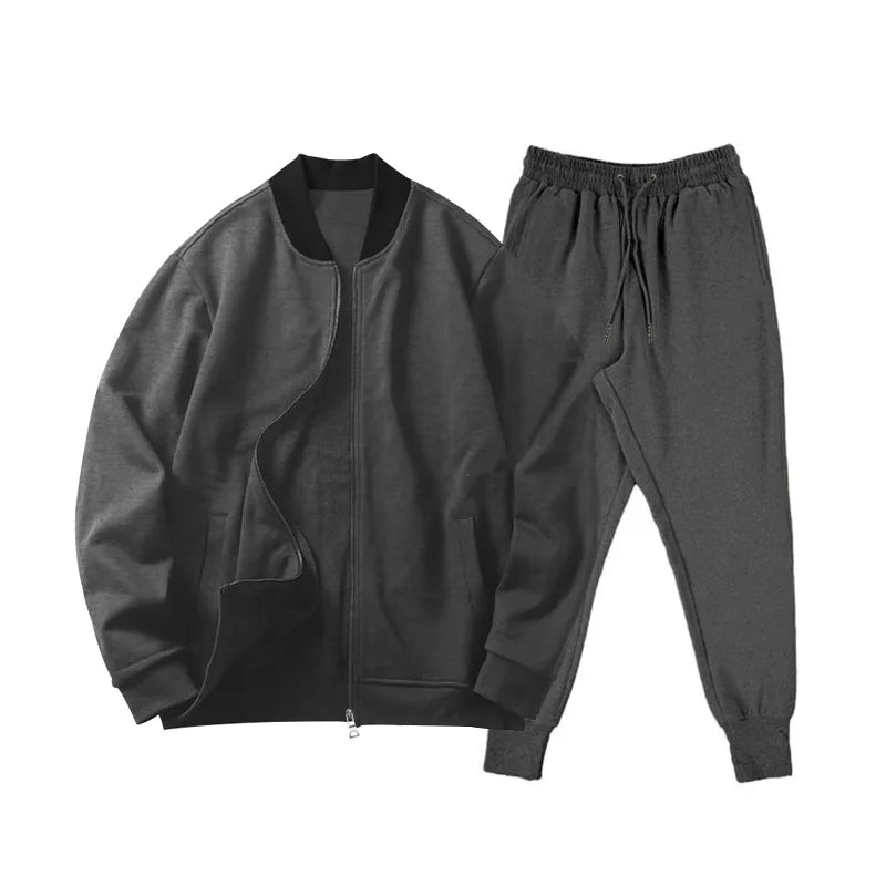 Men's O-Neck Colorblock Bomber Sweat Jacket + Drawstring Jogger Sweatpants Tracksuit