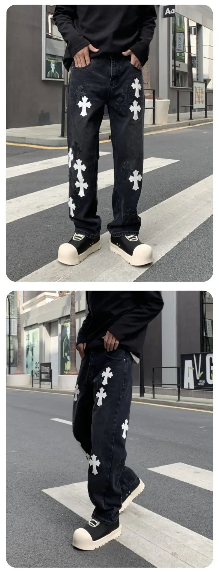 Men's Denim Black Cross Print Streetwear Mid-Rise Straight Leg Wide Leg Jeans