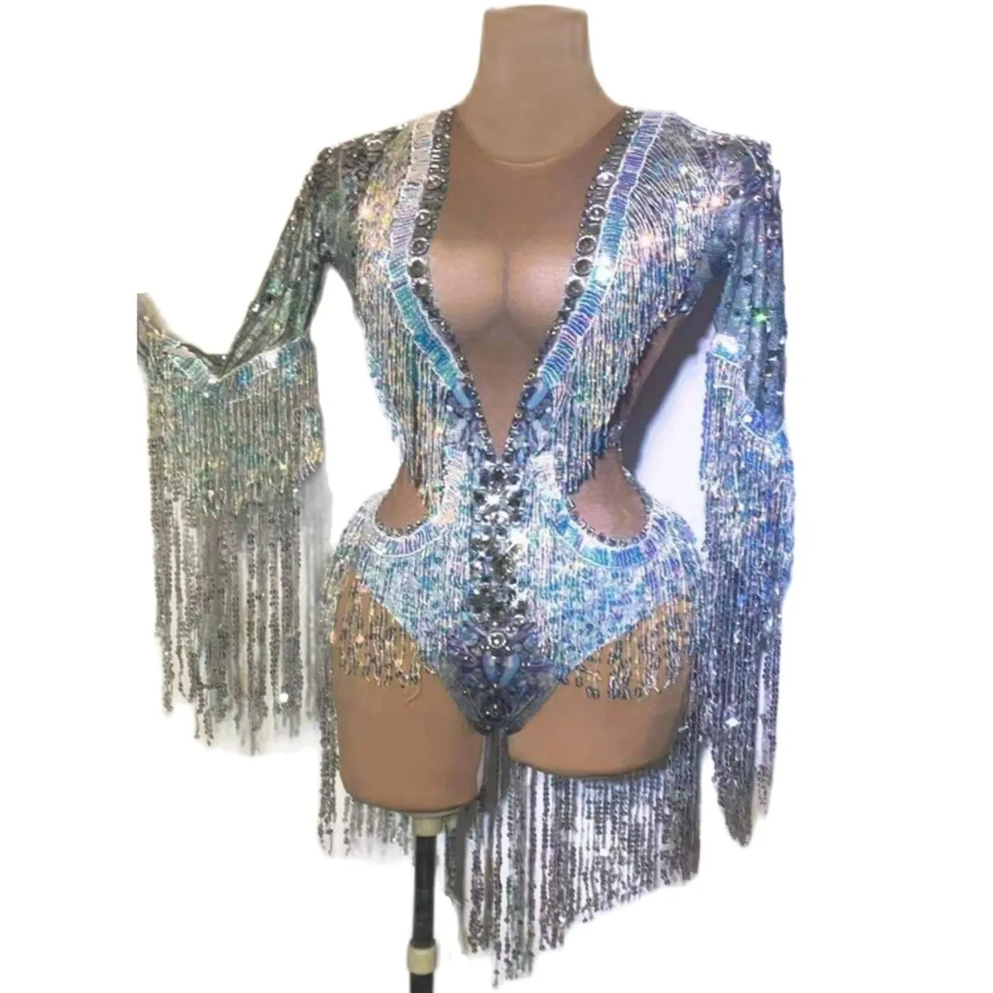 Shiny Crystal Rhinestone Long Tassel Sleeve Women's Deep V-Neck Bodysuits