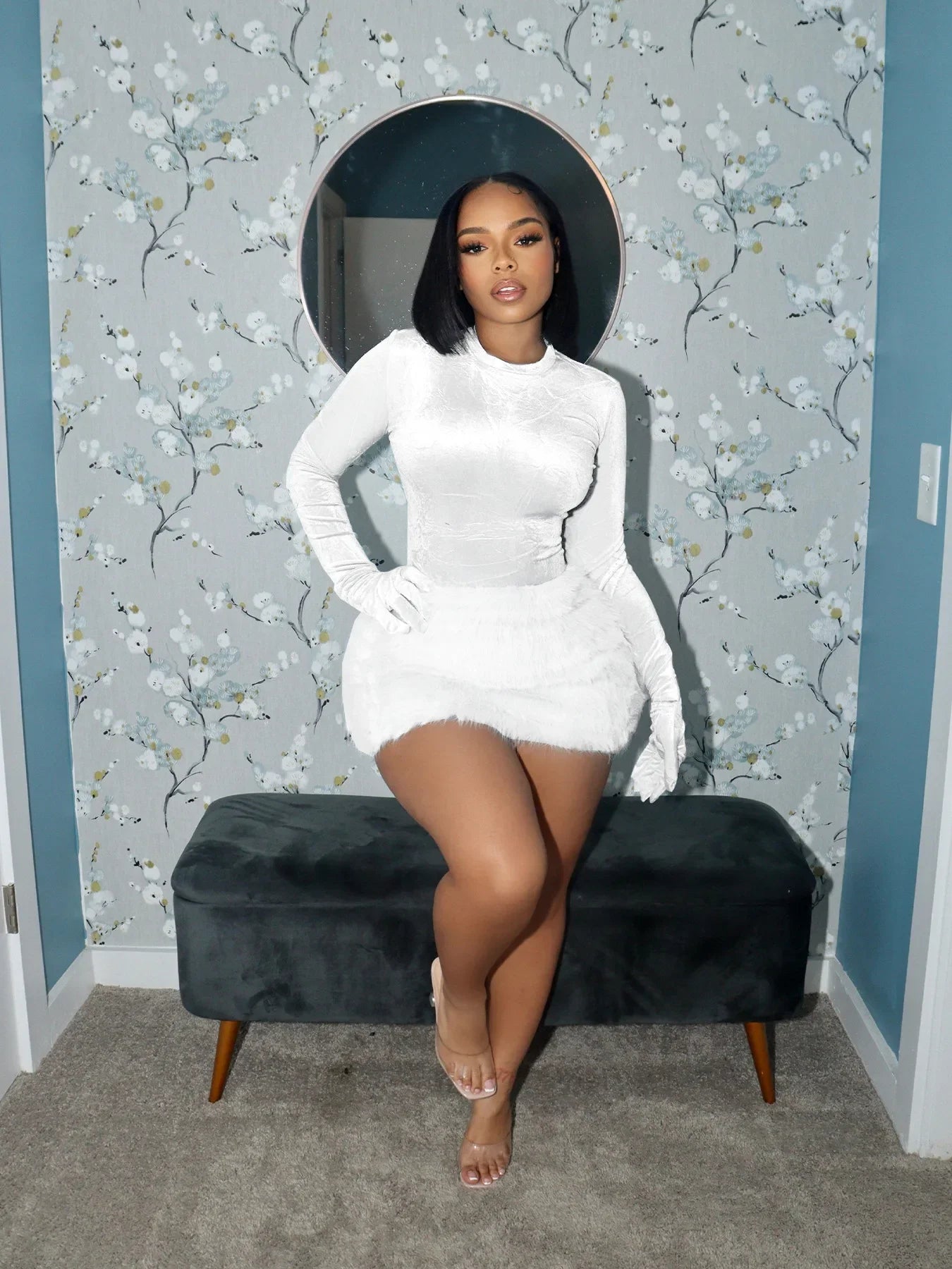 Velvet Long Sleeve Solid Color Women's Bodysuit+ Faux Fur Mini Skirt 2-Piece Set
