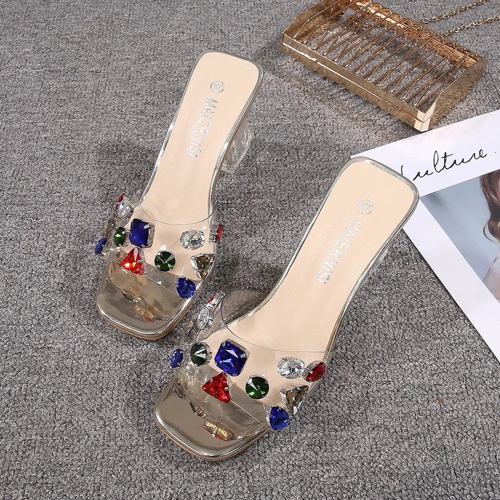 PVC Transparent Clear Crystal Rainbow Rhinestone Embellished Open Toe Low Heel Women's Sandals