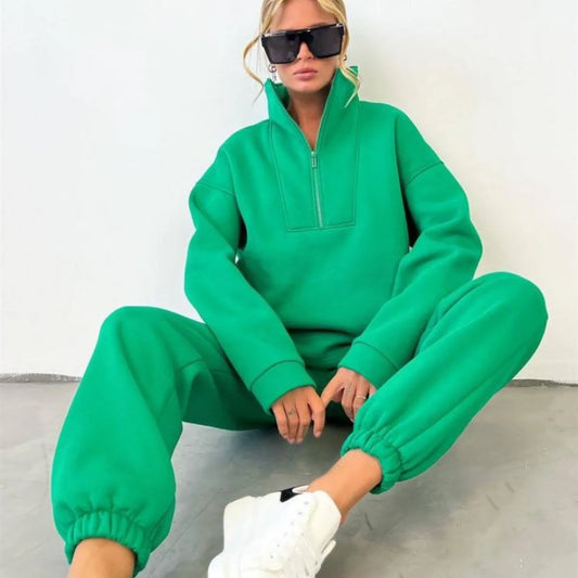 Turn-Down Collar Velvet Cotton Fleece Zipper Hoodie + Sweatpants Ladies Sweatsuit/Tracksuit