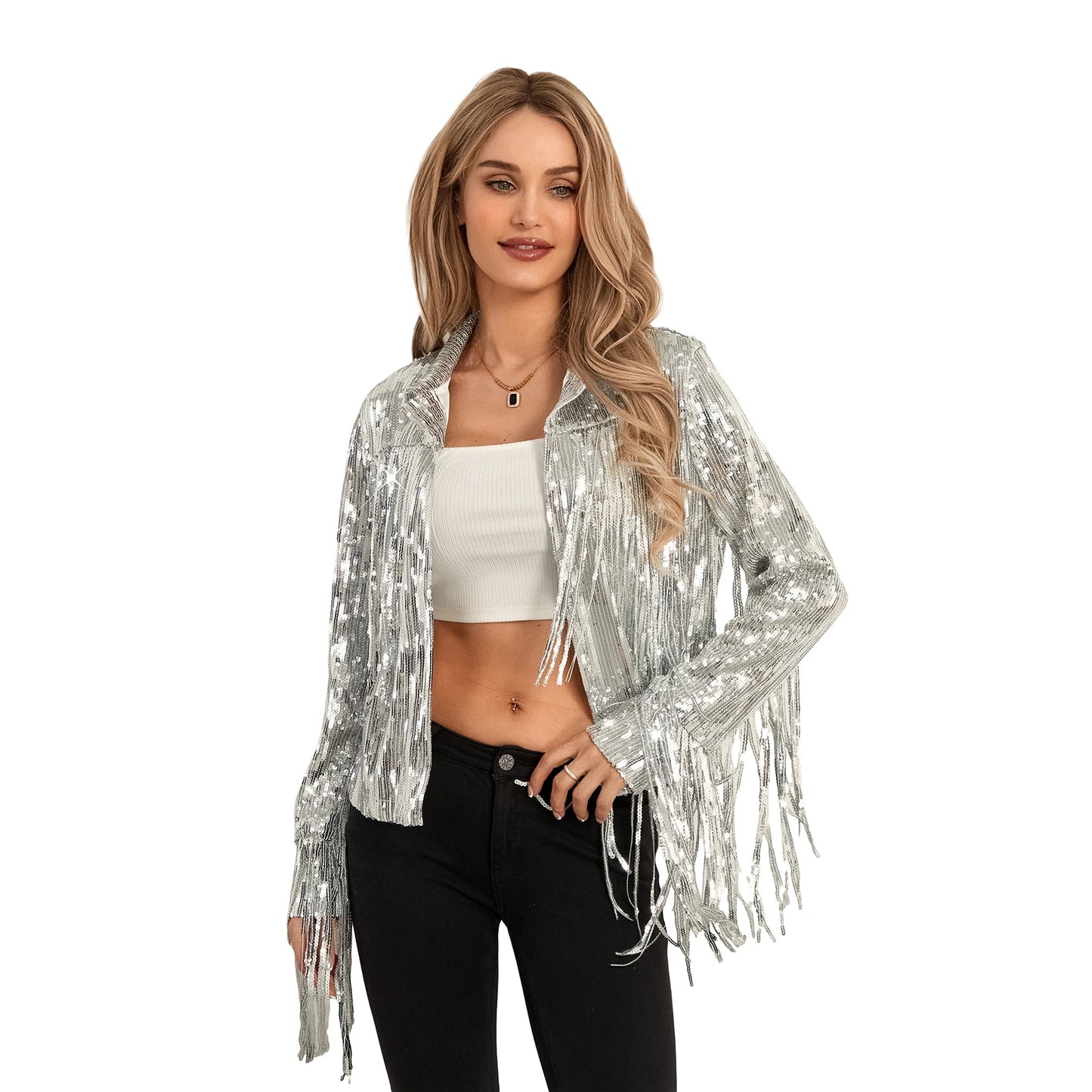 Sparkling Metallic Sequin Tassel Fringe Western Women's Long Sleeve Open Cowgirl Jacket