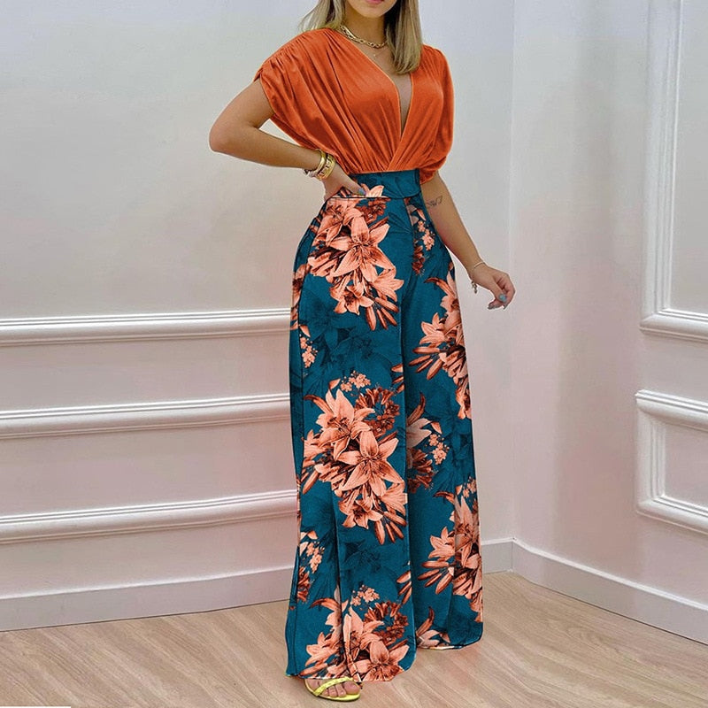 Floral V-Neck Printed Wide Leg Jumpsuit