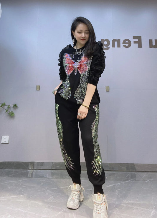 Ruffled Glitter Rhinestone Metallic Butterfly Angel Wing Printed Knitted Women's Tracksuit