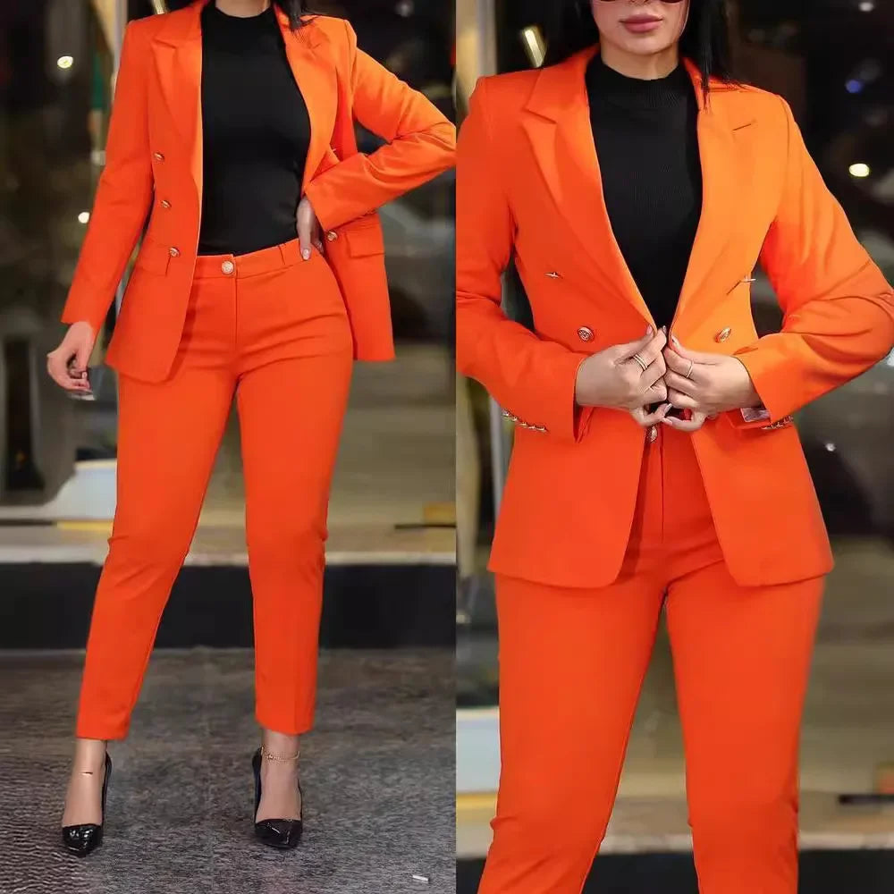 Gold Button Design Women's Solid Color Long Sleeve Blazer Jacket & High Waist Pencil Pants Business Suit