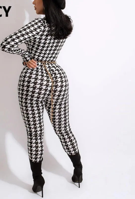 Houndstooth Printed Long Sleeve Zip Up Skinny Fit Jumpsuit