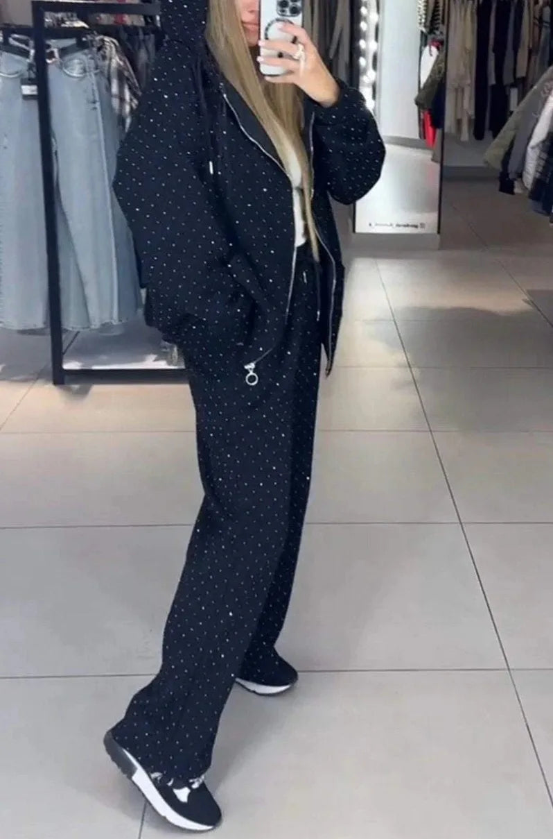 Sequin Polka Dot Embellished Women's Hoodie Sweatshirt + Wide Leg Sweatpants Tracksuit