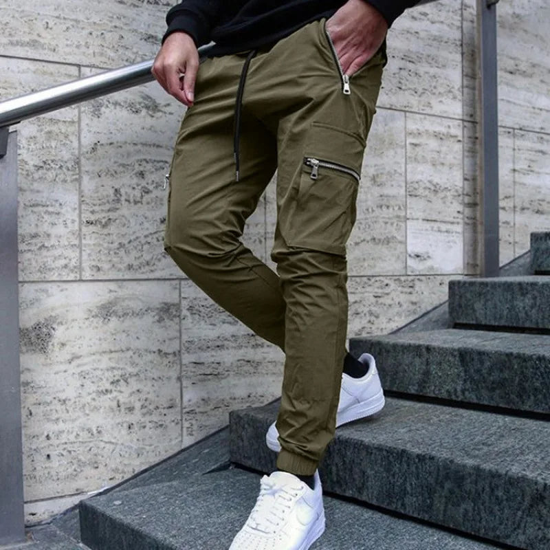 Men's Zipper Pocket Design Drawstring Solid Cargo Pants
