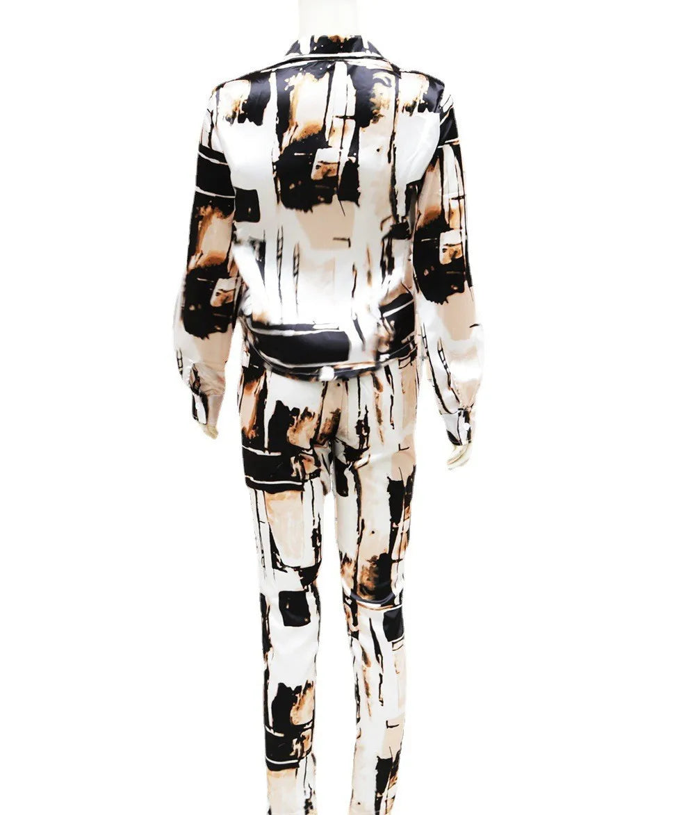 Satin Tie-Dye Print Turn Down Collar Long Sleeve Blouse + Pencil Pants 2-Piece Set