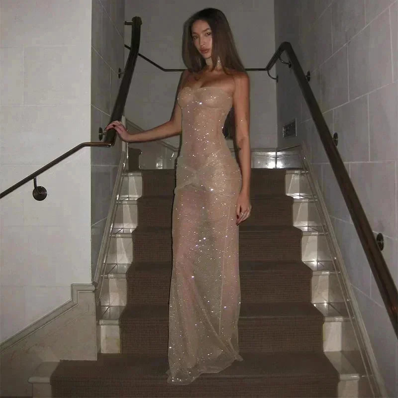 Sequin Criss-Cross Ruched Waist Sheer Transparent Strapless Skinny Tube Maxi Dress