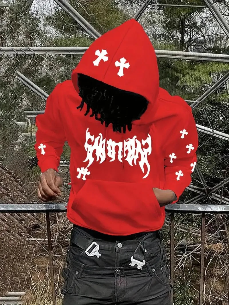 Men's Hip-Hop 3D Cross Print Pullover Drawstring Hoodie Sweatshirt