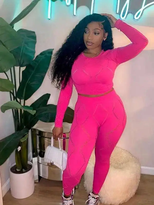 Knitted Geometric Pattern Long Sleeve Crop Top + Matching Biker Shorts Women's Solid Color 2-Piece Set