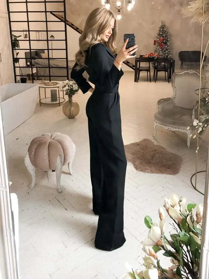 Solid Color Deep V-Neck Formal Office Loose Long Sleeve Wide Leg Pants Jumpsuit